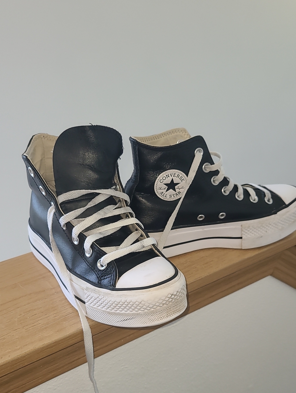 Converse Black Leather Platform High Top Sneakers with White Accents